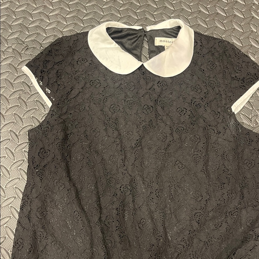 Monteau Black Lace Dress with White Collar -NEW - Size Medium